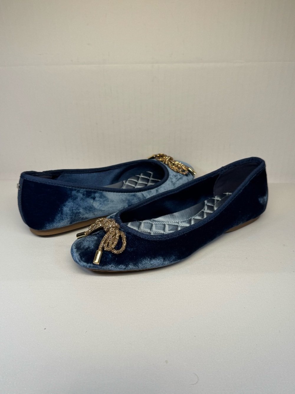 Birdies Blue Velvet Ballet Flats Gold Mesh Bow Comfort Shoes Size 6.5